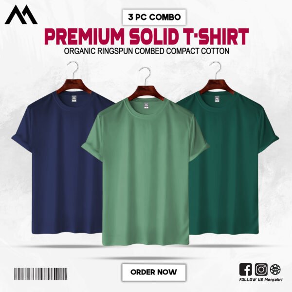 Mens Premium Solid T-Shirt Combo Navy-Blue, Mint, Bottle-Green