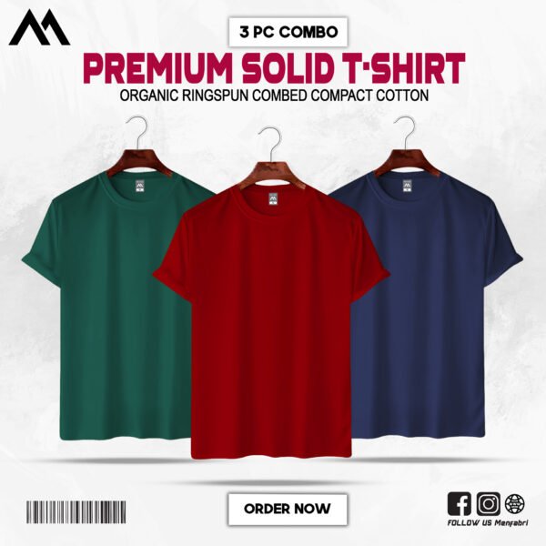 Mens Premium Solid T-Shirt Combo Bottle-Green, Red, Navy Blue