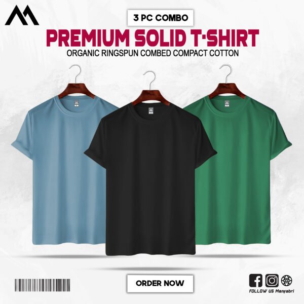 Mens Premium Solid T-Shirt Combo Sky-Blue, Black, Forest Green