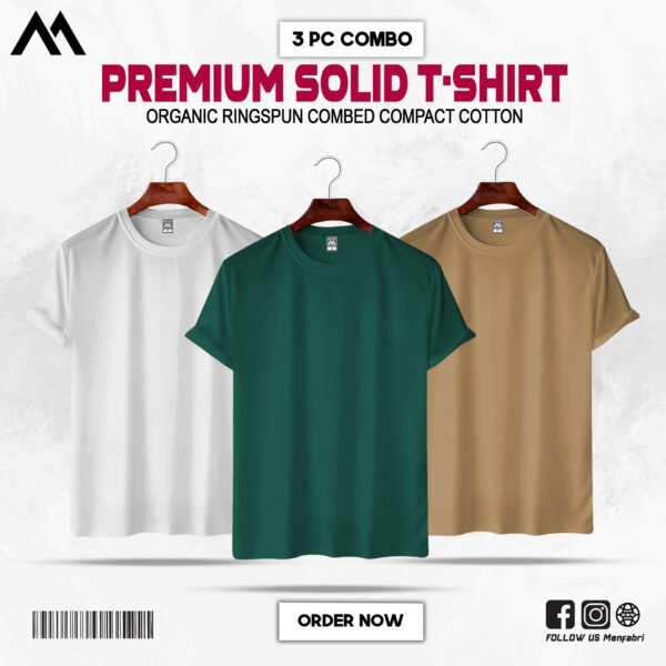 Mens Premium Solid T-Shirt Combo White, Bottle-Green, Biscuit