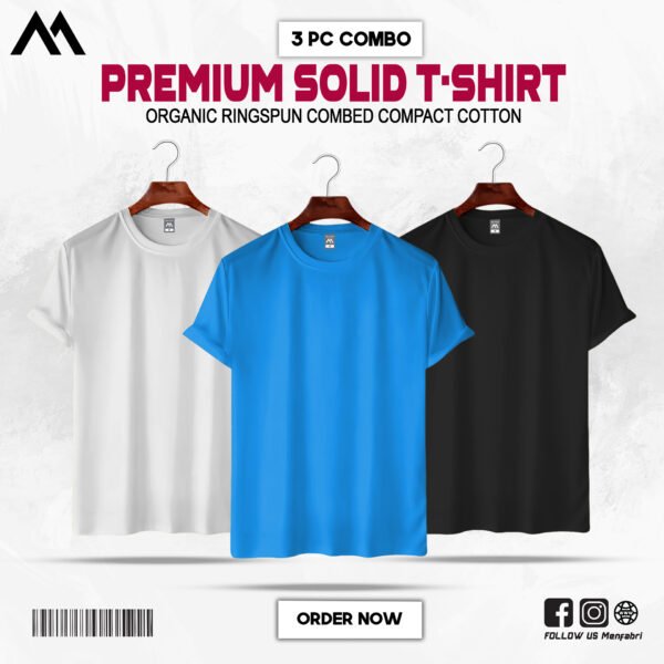 Mens Premium Solid T-Shirt Combo White, Vivid Blue, Black