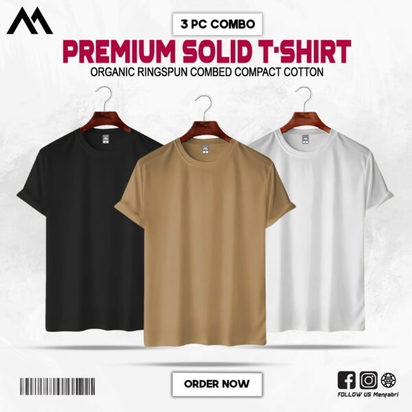 Mens Premium Solid T-Shirt Combo Black, Biscuit , White