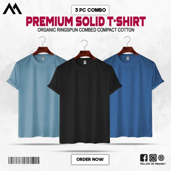Mens Premium Solid T-Shirt Combo Sky-blue, Black, Petrol Blue