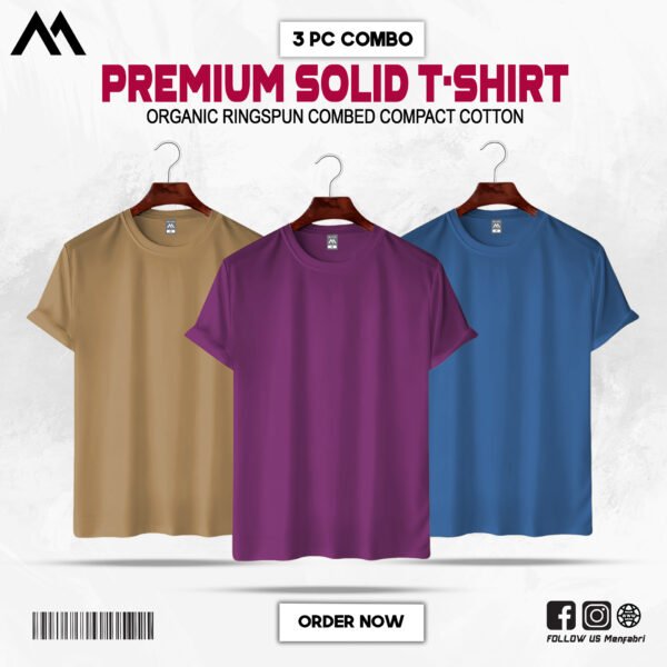 Mens Premium Solid T-Shirt Combo Biscuit, Purple, Petrol Blue